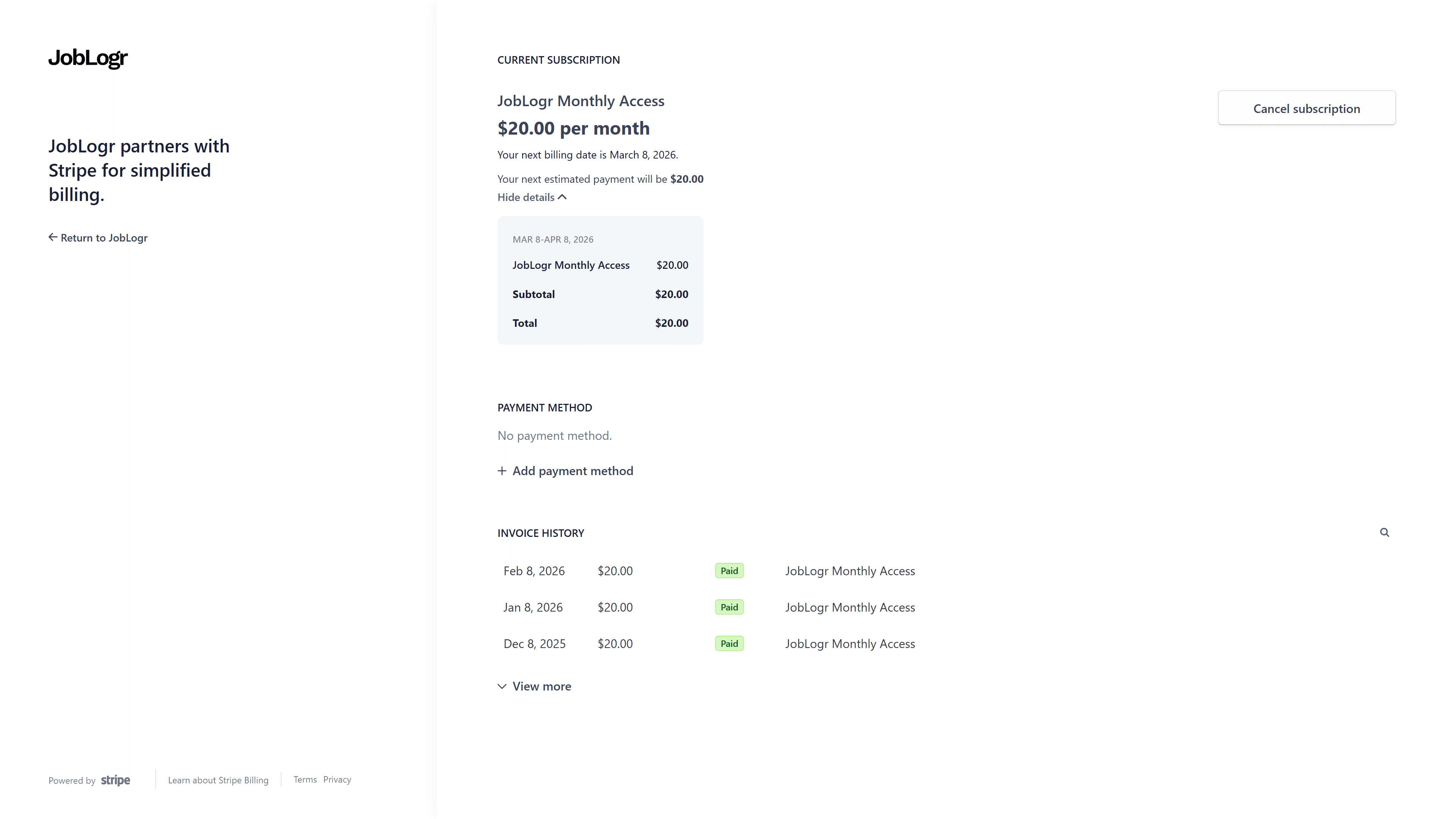 JobLogr subscription system dashboard